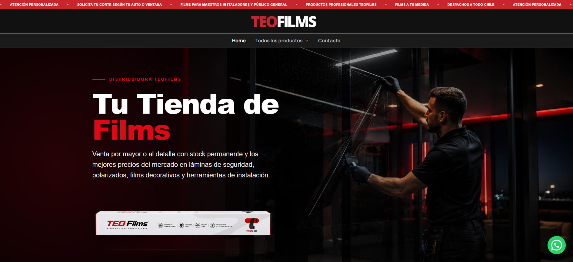 Ecommerce de Teofilms, láminas de control solar y polarizados en Chile, desarrollado por Creative Web
