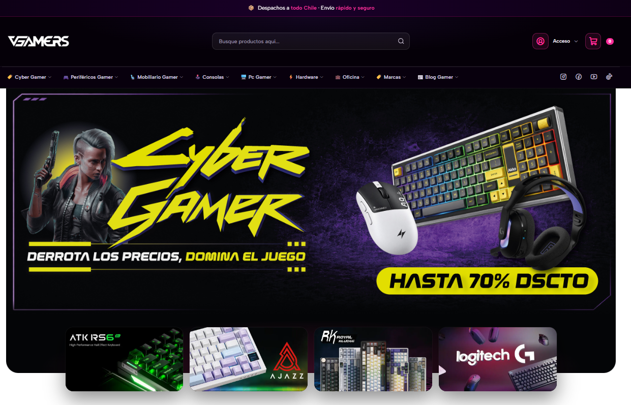 Ecommerce de VGamers, tienda de productos gamer en Chile, desarrollado por Creative Web